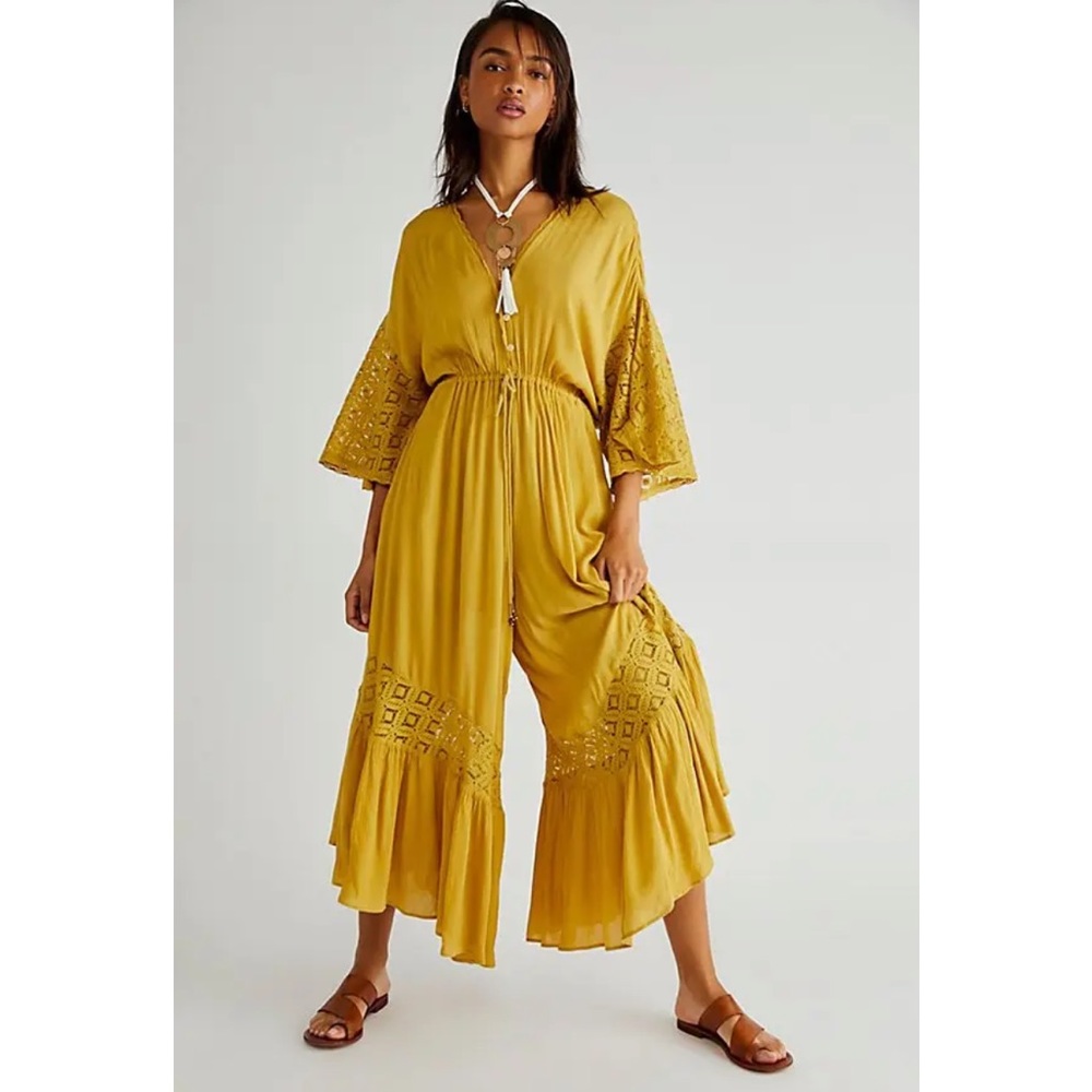 Free People Angela Jumpsuit Mustard Yellow Lace-Trim Wide-Leg Jumpsuit - Picture 2 of 7